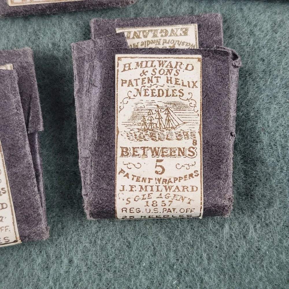 5x Antique H. Milward & Sons Patent Helix Needles SHARPS BETWEENS No. 4 & 5 1857